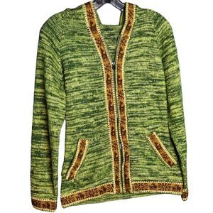Norwegian Sweater Green Boho Nordic Hooded Zip Green Hooded Sweater Size S